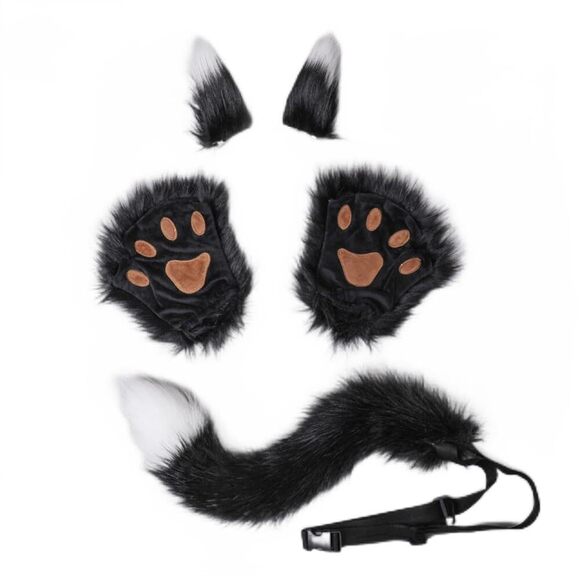 4835 Cat Ears Tail Set Faux Fur Fox Wolf Ear Headband Paw